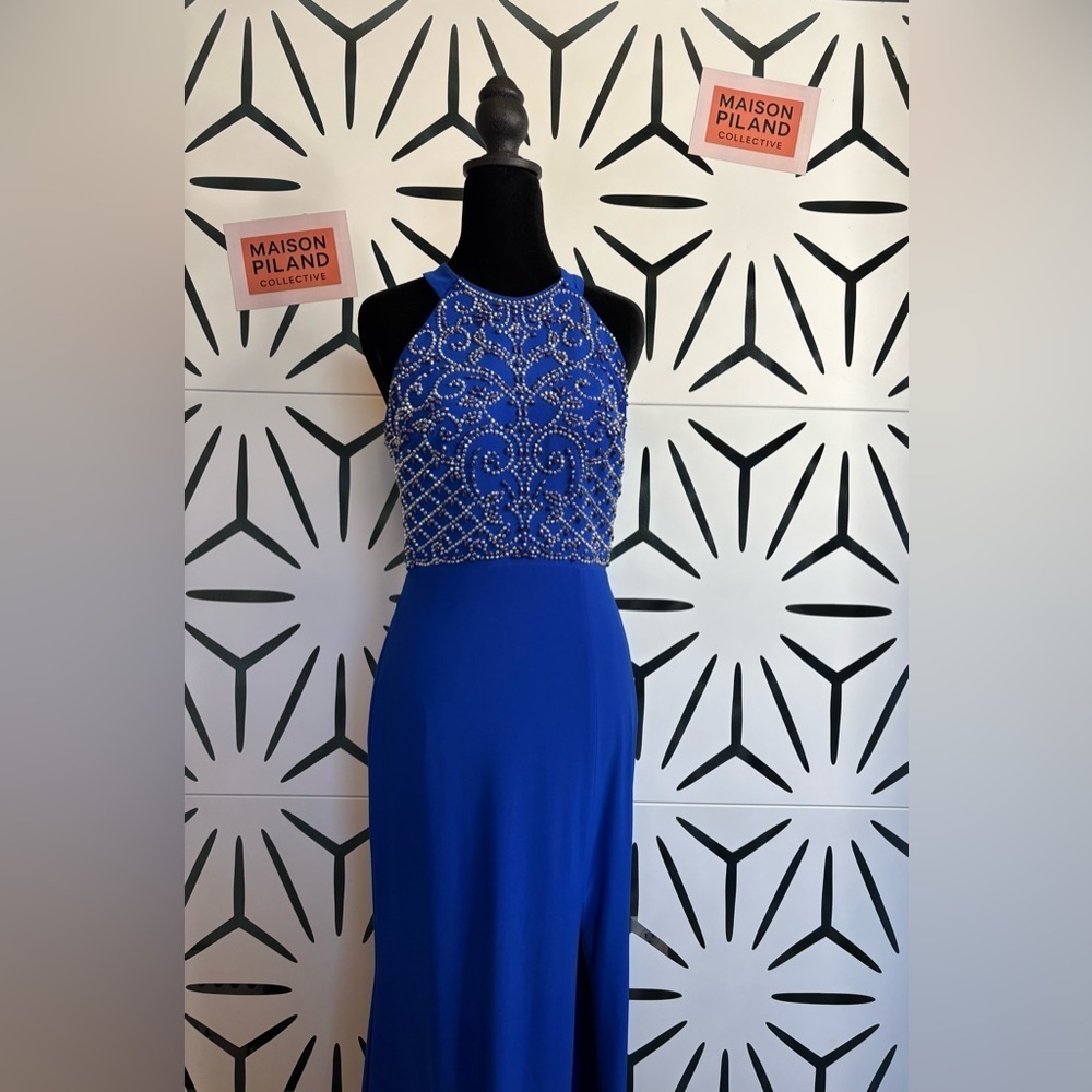 Morgan & Co Royal Blue Beaded Floor Length Gown w/ Side Slit – Sz 5/6 - Picture 3 of 12